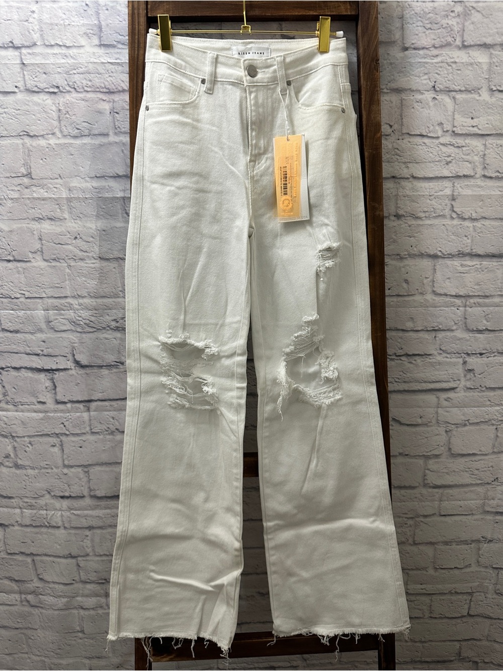 High-Rise Distressed White Wide-Leg Jeans